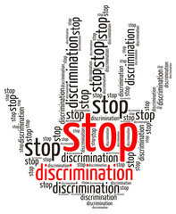 Stop Discrimination word cloud in the shape of a palm, isolated