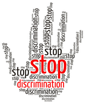Stop Discrimination word cloud in the shape of a palm, isolated