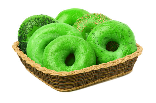 Six Green Bagels In A Basket