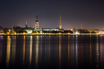 Fototapeta na wymiar summer night city light reflections over water