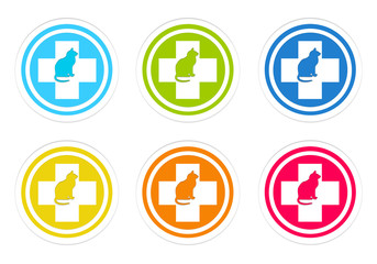 Set of rounded colorful icons with veterinary and cat symbol