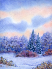 Watercolor background with quiet sunset over winter forest