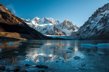 Frozen lake reflection at the Cerro Torre, Fitz Roy, Argentina