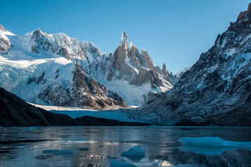 Frozen lake reflection at the Cerro Torre, Fitz Roy, Argentina