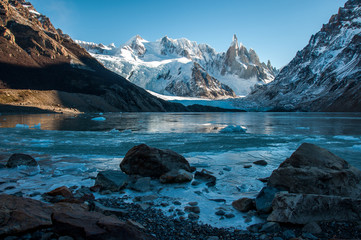 Frozen lake reflection at the Cerro Torre, Fitz Roy, Argentina