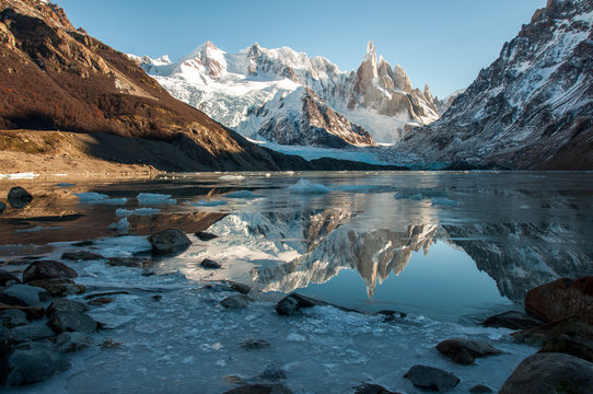 Frozen lake reflection at the Cerro Torre, Fitz Roy, Argentina