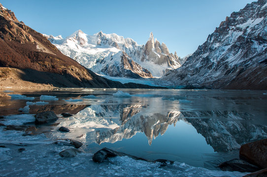Frozen lake reflection at the Cerro Torre, Fitz Roy, Argentina © brizardh