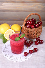 Fresh cold cherry cocktail with mint and lemon