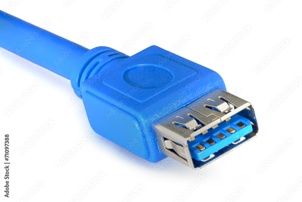 Wall mural blue usb 3.0 cable isolated on white background.