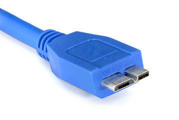 Blue usb 3.0 cable with micro B connector isolated on white back