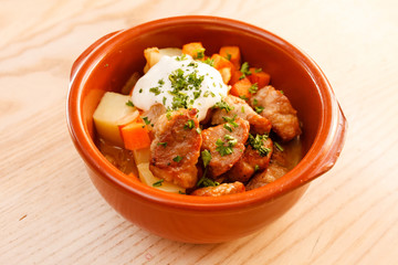 meat and vegetables in the pot