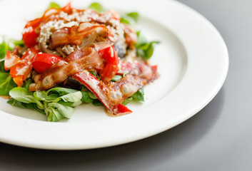 warm salad with noodle and bacon