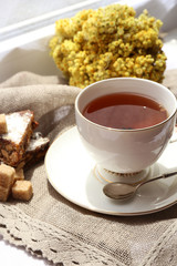 Cup of tea on table, close up