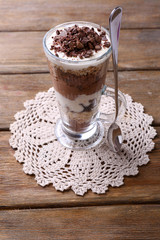 Yogurt, with chocolate cream, chopped chocolate and muesli