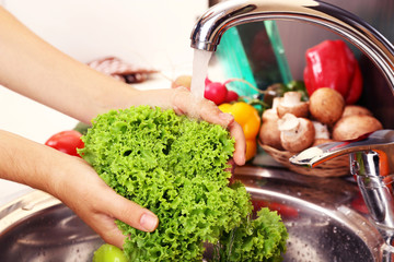 Woman's hands washing vegetables in sink in kitchen
