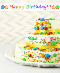 Fototapeta na wymiar Beautiful tasty birthday cake on light background