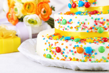 Fototapeta na wymiar Beautiful tasty birthday cake, close up