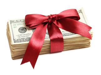 Bundle of dollars tied with ribbon isolated on white