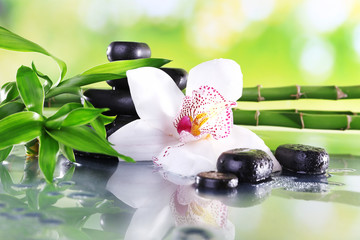 Obrazy na Szkle  Kamienie spa, gałęzie bambusa i biała orchidea