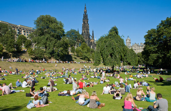 People Relaxation At The Park In Sunny Day, Edinburgh Scotland