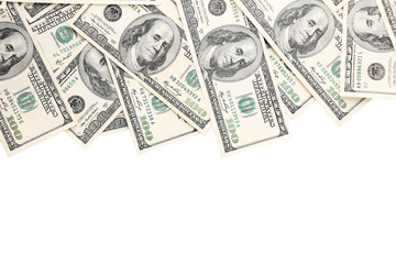 Lot of one hundred dollar bills isolated on white