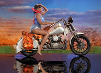 Fototapeta na wymiar Fantasy ride - cute caribbean girl on a scale bike