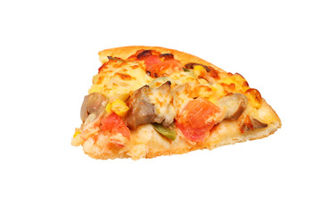 Slice of fresh pizza with pepperoni isolated on white background