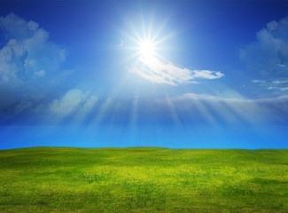beautiful green grass field with sun shine on clear blue sky