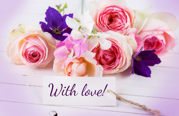 Postcard with elegant  flowers and  tag