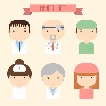 Set of flat colorful vector doctor icons. Medical people. Vector
