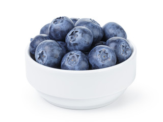 big ripe blueberries in white bowl