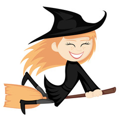 Witches all around - ginger witch girl is riding on a broom
