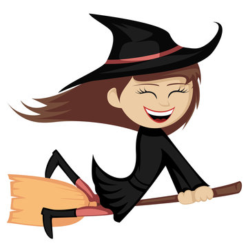 Witches all around - a brunette witch girl is riding on a broom