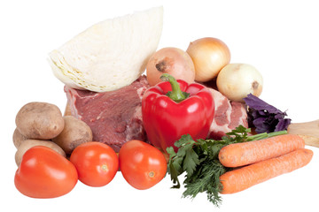 Cabbage, tomatoes, meat, potato, dill, parsley, basil and onion
