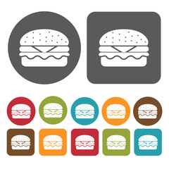 Burger Icon. Breakfast And Dining Sign Icons Set. Round And Rect