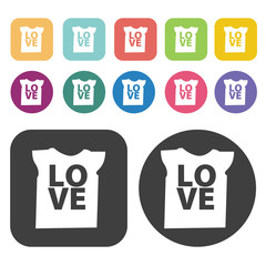 Shirt With Love Design Icon. Clothes Flat Icons Set. Round And R