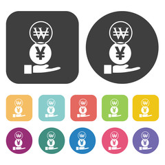 Won And Yen Sign Icon. Currency Exchange Sign Icons Set. Round A