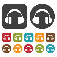 Headphones earpiece with cushion icons set. Round and rectangle