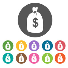 Money Bag icon. Money finance icons set. Round colourful 12 butt