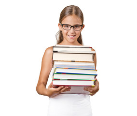 Portrait teenager student holding pile books white background  