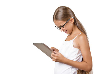 girl with glasses using pad computer isolated white background 