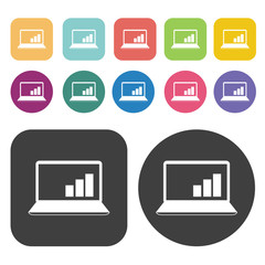 Laptop With Bar Graph Icon. Planning And Business Strategy Icons