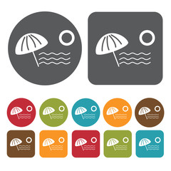 Beach View Icon. Recreation Icons Set. Round And Rectangle Colou