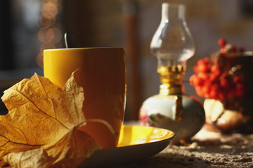 Autumn (fall) cup of tea and colorful leaves . Selective focus