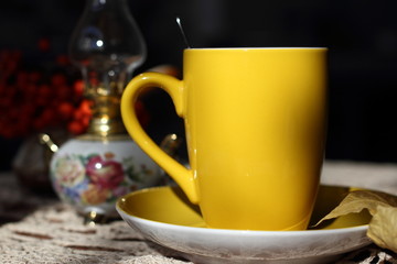Autumn (fall) cup of tea and colorful leaves . Selective focus