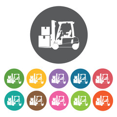 Forklift With Boxes Icon. Shipping And Logistics Icons Set. Roun