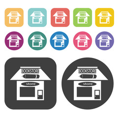 Book Store With Pencil Sign Icon. Store Icon Sets. Round And Rec