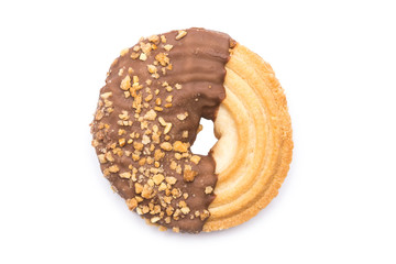 Round Biscuit With Chocolate And Peanuts Isolated On White