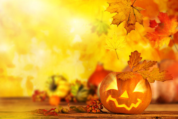 Naklejka na ściany i meble Scary jack o lantern halloween background, close-up.