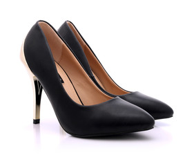 Womens black shoes high heels on a white background - obrazy, fototapety, plakaty